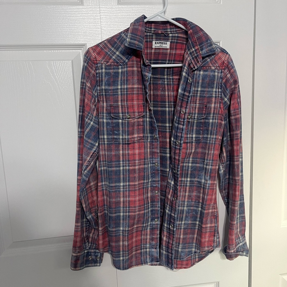 Express Red and Blue Plaid Casual Button Down Shirt